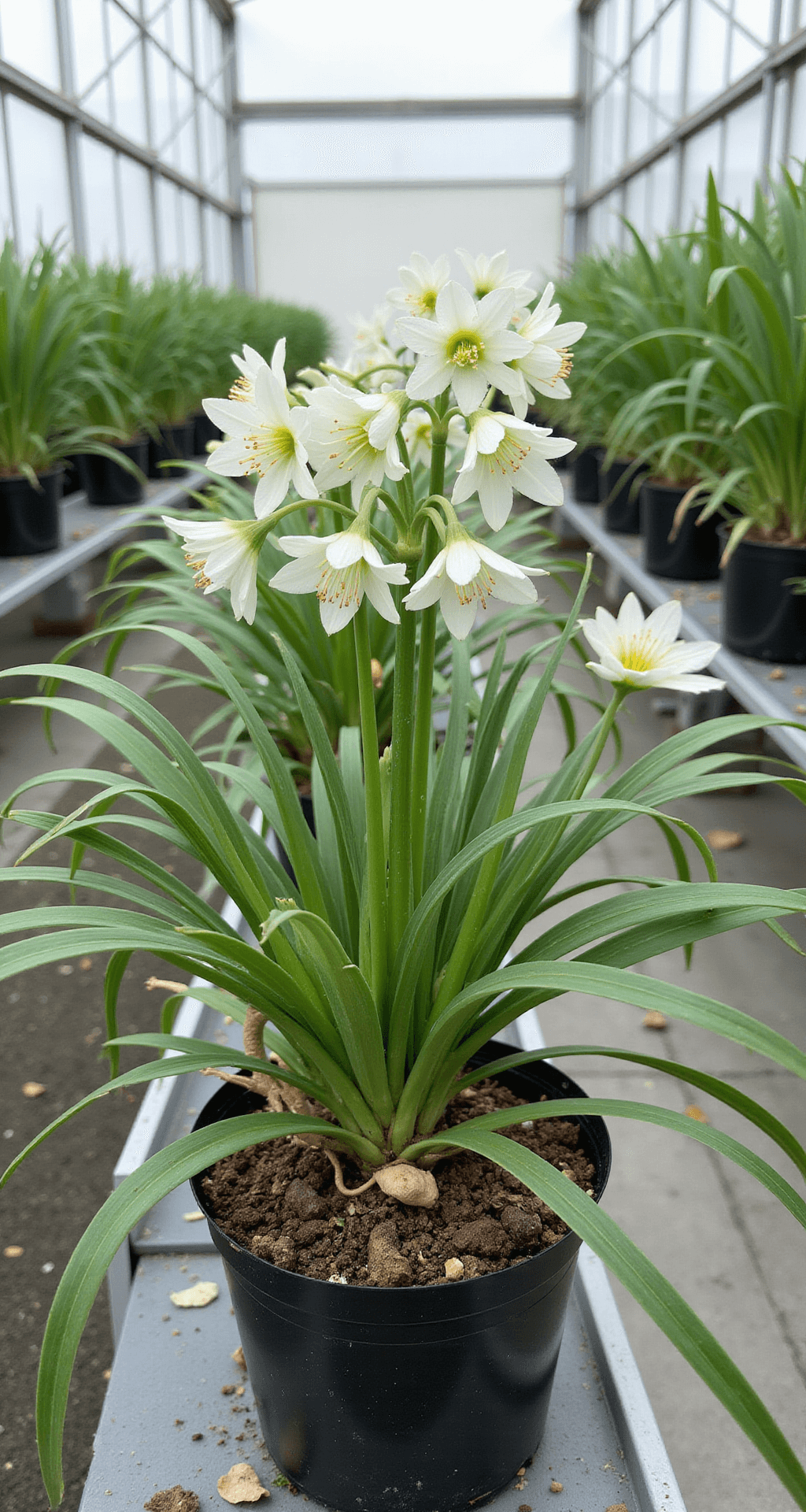 Professional greenhouse setting with rows of agapanthus plants under diffused natural light, highlighting division techniques and exposed root systems. A clinical white backdrop underscores plant health, complemented by close-up shots of bloom development stages in a clean, educational style.