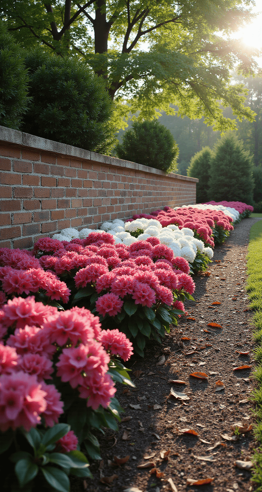 A low-angle view of a sweeping garden border at golden hour, showcasing layered azaleas in shades of deep pink, white, and coral against a weathered brick wall, with dappled sunlight filtering through overhead maple trees, a natural mulch pathway, dewy grass, and scattered maple leaves.