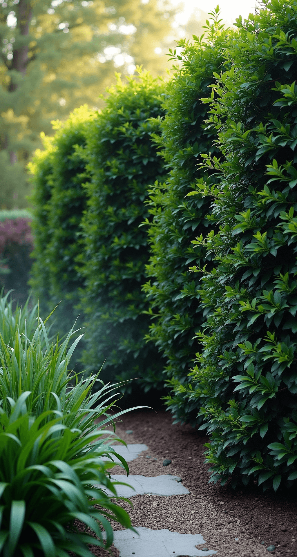 A serene early morning scene featuring a 15-foot privacy screen of lush 'Green Lace' azaleas, shrouded in mist with first light highlighting the foliage's varied green tones. A winding stone path runs alongside, complemented by low-growing Japanese forest grass.