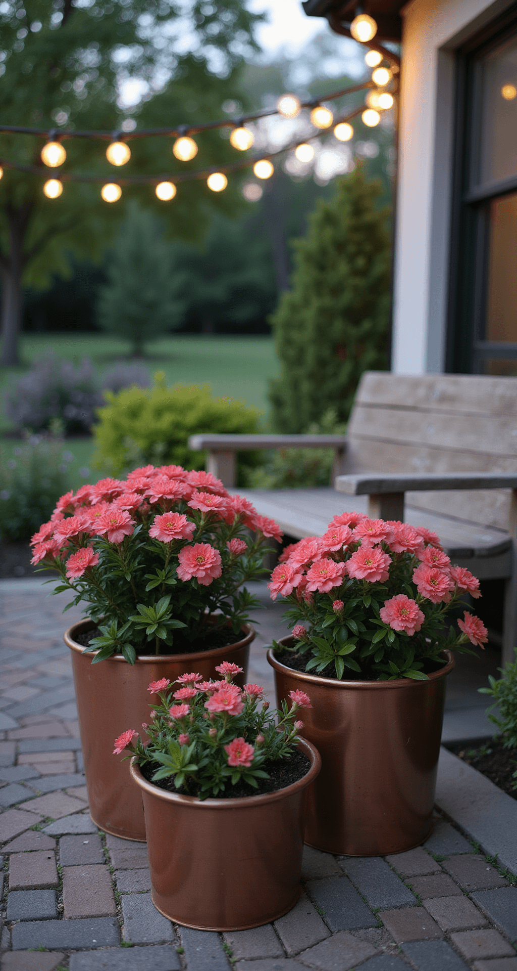 A serene container garden vignette featuring three copper patina containers with dwarf 'Autumn Sangria' azaleas on a herringbone brick patio, illuminated by soft side lighting and overhead string lights creating a bokeh effect. A weathered teak bench adds context, captured at a 45-degree angle during blue hour.