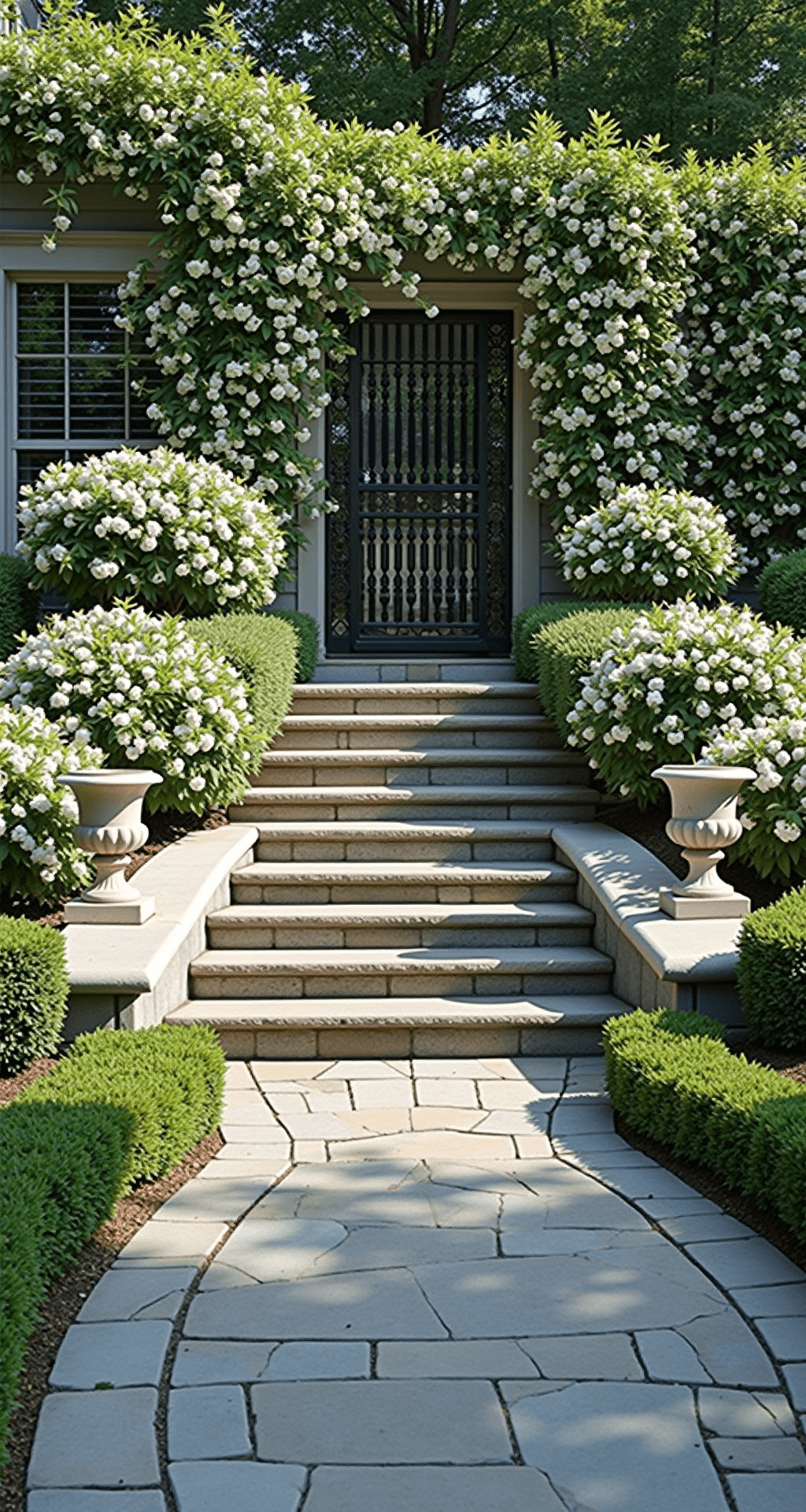 A symmetrical formal garden entrance features white 'Pleasant White' azaleas flanking curved stone steps, with classical limestone urns at corners and climbing hydrangea on an adjacent wall, while sharp shadows form geometric patterns on the bluestone pavers.