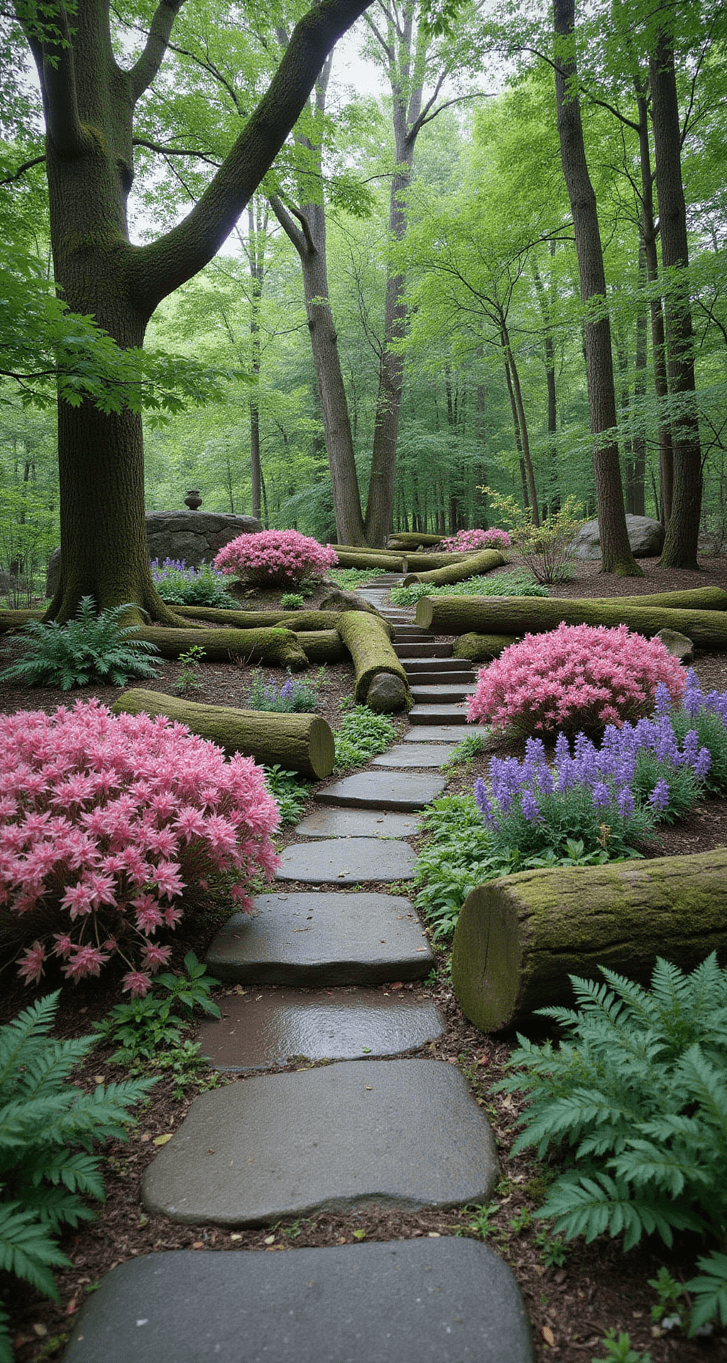A serene woodland garden scene featuring a natural stone pathway winding through vibrant pink 'Coral Bells' and purple 'Formosa' azaleas, with moss-covered logs and rock outcroppings, surrounded by lush ferns and hostas, all illuminated by diffused light.