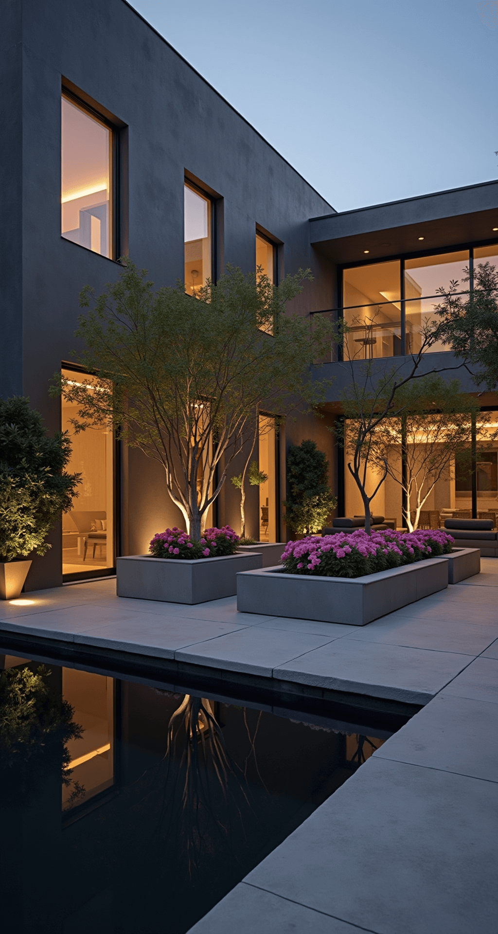 A low-angle shot of a contemporary courtyard at twilight, featuring modern concrete planters with sculptural azaleas, dramatic shadows cast by LED uplighting, minimalist charcoal grey furniture, and a reflection pool enhancing the architectural lines.