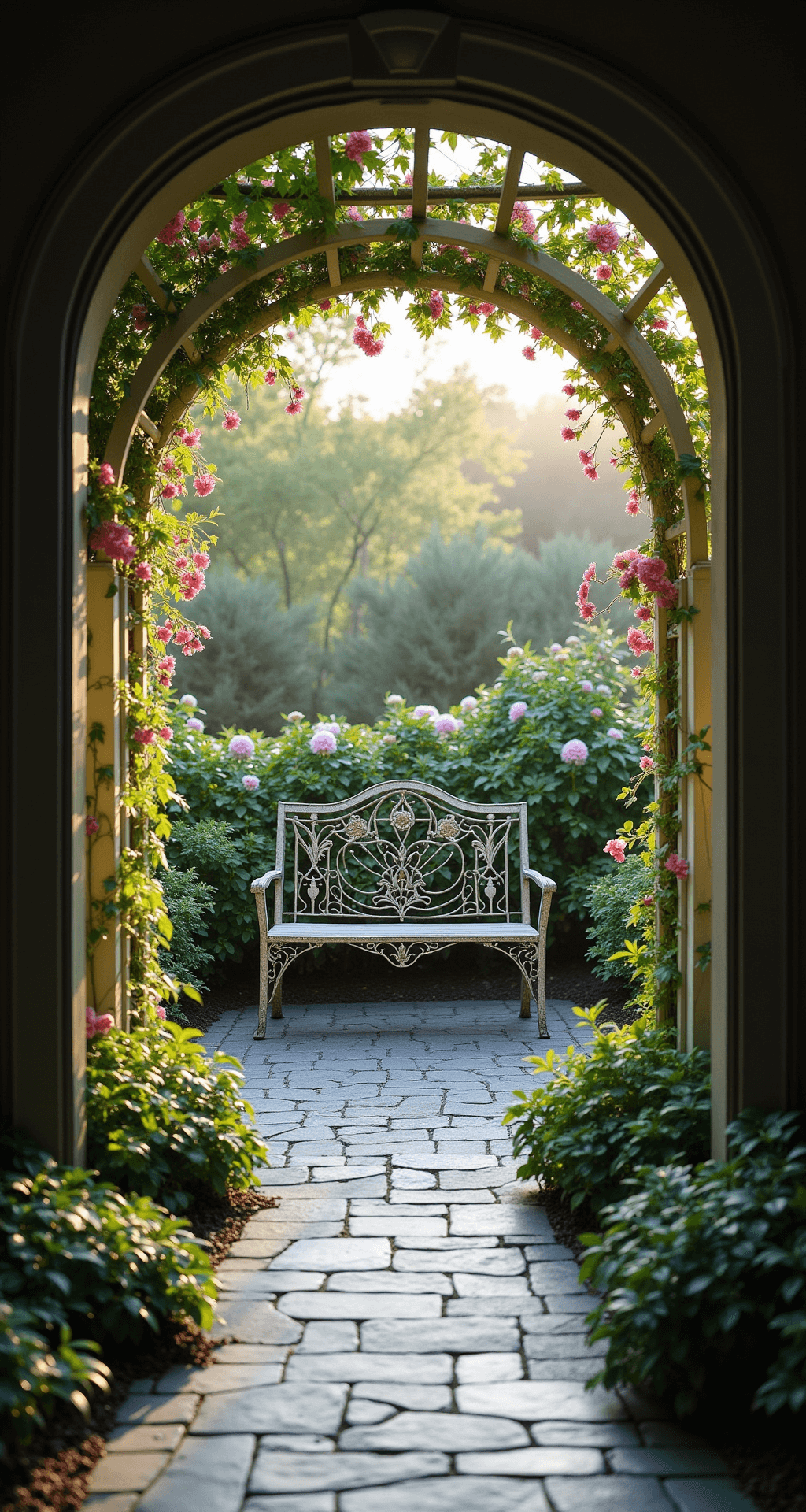A Victorian-inspired garden room in morning light features an arched trellis covered in 'Lady Alice' azaleas, with a vintage iron bench at the center and a bluestone patio glistening with dew, framed by English ivy ground cover, creating an ethereal backlit atmosphere.