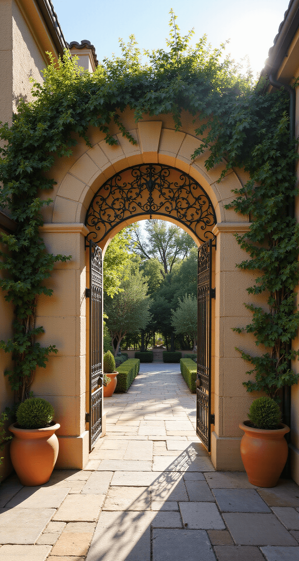 Mediterranean-inspired double arch gateway with limestone arches, iron lattice top draped in grapevines and jasmine, flanked by terracotta pots, illuminated by warm afternoon light.