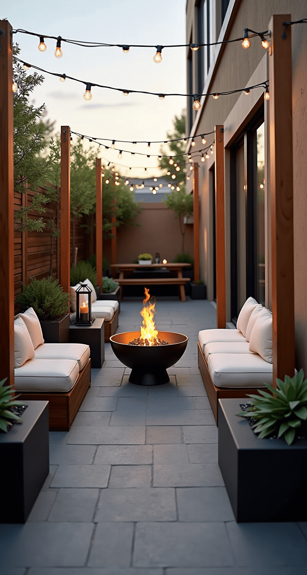 Wide-angle view of an intimate urban patio at golden hour, featuring a sleek 24-inch steel fire bowl, modern charcoal concrete pavers, low-profile acacia wood benches with cream cushions, overhead string lights, copper lanterns, and sage green succulents in matte black planters.
