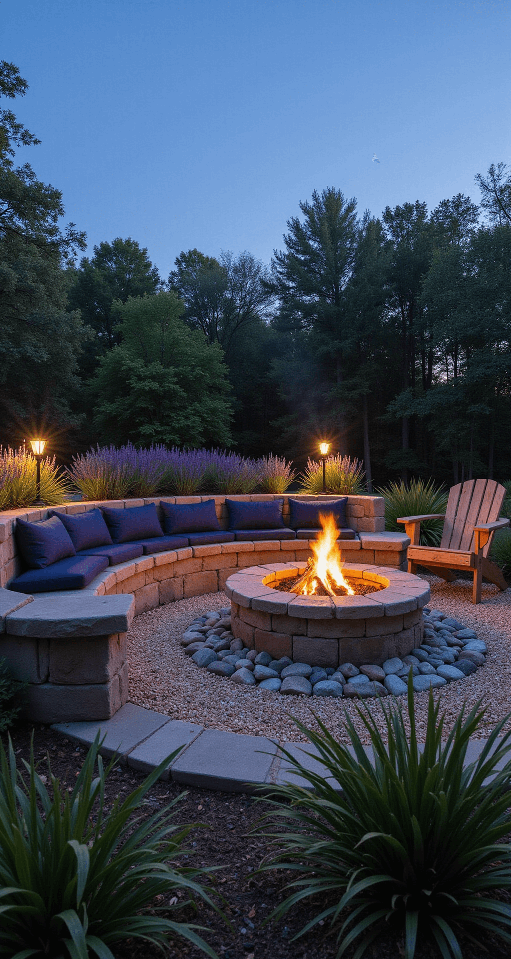 Low-angle view of a cozy garden corner at dusk, showcasing a rustic stone fire pit surrounded by mixed river rocks, a curved natural flagstone seating wall with navy cushions, native grasses, and lavender in soft motion, complemented by a teak Adirondack chair, all illuminated by warm fire glow against the blue hour sky.
