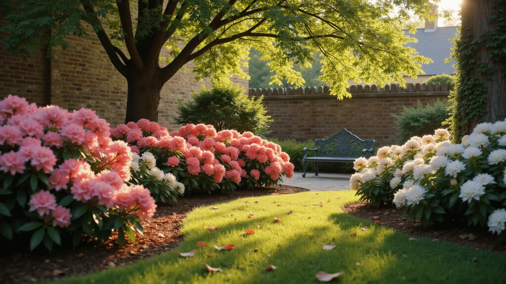 Azalea Gardens: Your Ultimate Design Guide to Colorful Landscape Magic Photorealistic wide-angle shot of a vibrant azalea garden at golden hour, featuring pink, coral, and white blooms, with dappled sunlight filtering through maple trees and casting shadows on a brick wall. A natural mulch pathway leads to a Victorian wrought-iron bench amidst dewy grass and scattered leaves, captured in rich colors with soft bokeh and sharp detail.