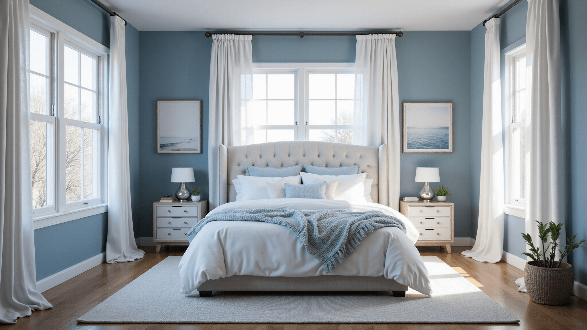 Photorealistic interior of a luxurious coastal-inspired bedroom with powder blue walls, large bay windows draped in sheer white curtains, a king-sized bed with white and sky blue linens, and natural oak hardwood floors, featuring coastal decor elements and soft morning light creating an ethereal atmosphere.