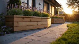 Garden Borders with Sleepers: Transform Your Outdoor Space Like a Pro Photorealistic wide-angle shot of a curved garden border featuring honey-toned oak sleepers arranged in an S-curve, adorned with lavender and ornamental grasses, illuminated by golden hour lighting, showcasing rich wood textures and dramatic shadows.