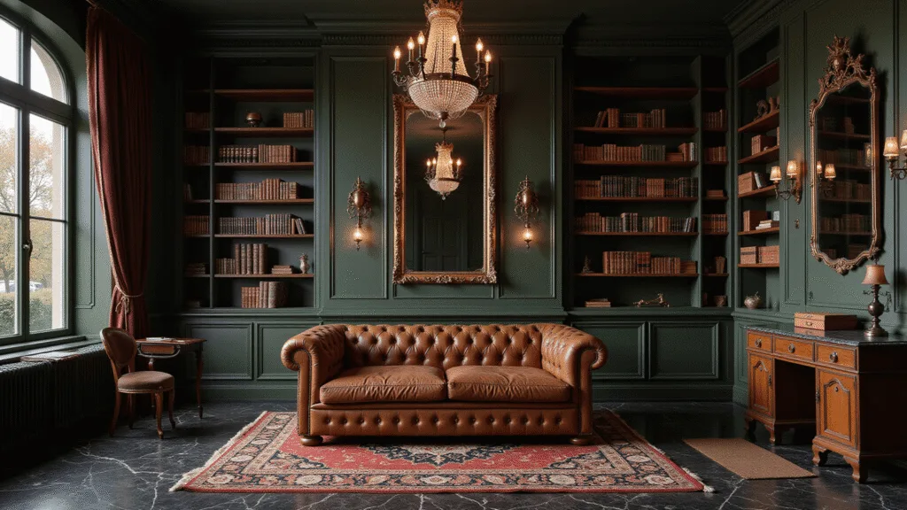 Crafting the Perfect Dark Aesthetic Home: A Comprehensive Guide to Moody, Sophisticated Interiors Photorealistic image of a dramatic dark academic library-study featuring mahogany bookshelves, a vintage leather sofa, deep green walls, and warm ambient lighting.