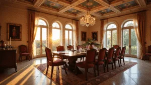 Italian Dining Room: Creating Timeless Elegance in Your Home Photorealistic interior of an elegant Italian villa dining room at golden hour, featuring a grand dark walnut dining table with ornate legs, damask chairs, coffered ceiling with frescos, crystal chandelier, arched windows with sheer drapes, butter cream walls with tapestries and paintings, limestone floors with a Persian runner, set for dinner with fine china and a centerpiece of olive branches and burgundy roses.