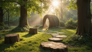 A whimsical backyard garden scene at golden hour, featuring weathered oak tree stumps as stepping stones, lush woolly thyme ground cover, and a curved willow tunnel with climbing jasmine vines, all bathed in dappled sunlight filtering through mature maple trees, creating a dreamy, magical atmosphere with soft bokeh and warm golden highlights.