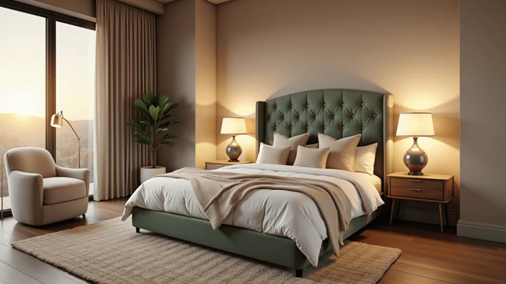 A luxurious master bedroom bathed in golden hour sunlight, featuring a sage green tufted velvet headboard, crisp white linens, and layered textures, with vintage brass lighting and a serene reading nook.