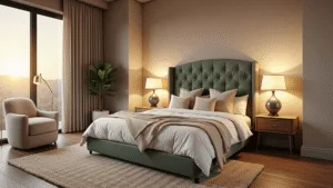 Create Your Perfect Bedroom Sanctuary: A Comprehensive Decor Guide A luxurious master bedroom bathed in golden hour sunlight, featuring a sage green tufted velvet headboard, crisp white linens, and layered textures, with vintage brass lighting and a serene reading nook.