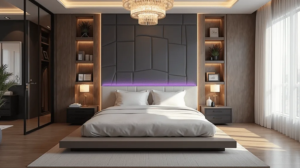 Bloxburg Bedroom Ideas: Unleash Your Creative Virtual Design Potential A luxurious Bloxburg-inspired bedroom featuring a king-sized bed, geometric tufted headboard, crystal chandelier, and floor-to-ceiling windows with sheer curtains, illuminated by LED strip lighting and warm golden hour sunlight.