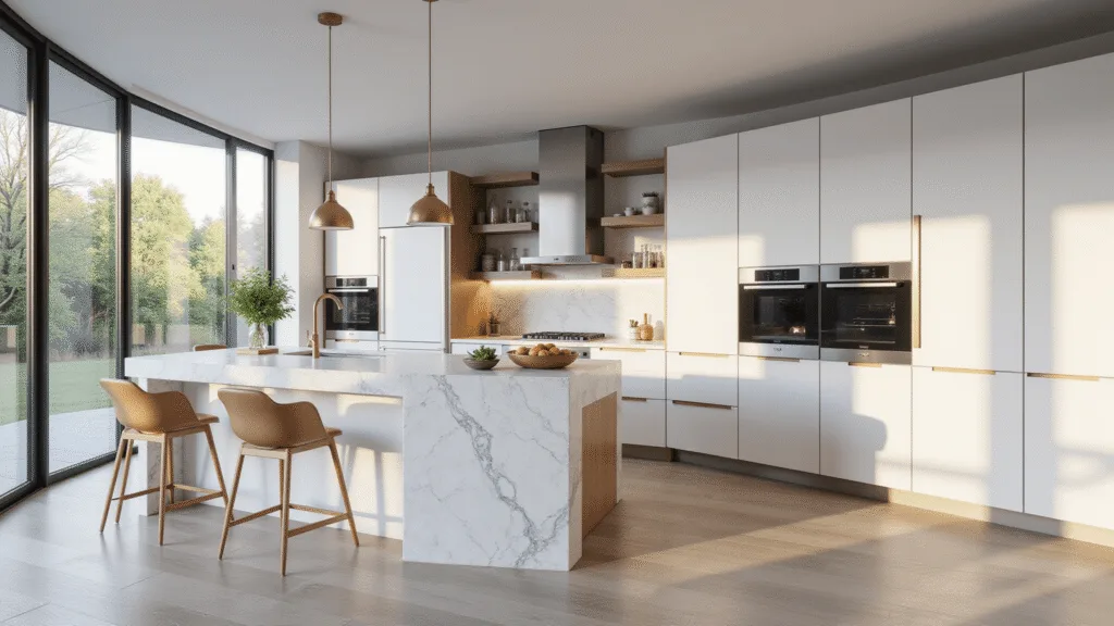 Modular Kitchen Cabinets: Your Ultimate Guide to Flexible, Stylish Storage Photorealistic image of a contemporary luxury kitchen featuring white modular cabinets with matte gold hardware, a dramatic waterfall quartz island, professional-grade stainless steel appliances, and soft morning sunlight filtering through floor-to-ceiling windows, styled with fresh herbs and artisanal ceramics.