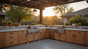 A luxurious outdoor kitchen pavilion at golden hour, featuring a stainless steel workstation sink, natural oak cabinetry, polished concrete countertops, and warm lighting, all styled with premium accessories and herb planters.