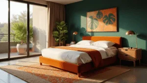 Green and Orange Bedroom: Unleashing Color Magic in Your Personal Sanctuary A luxurious modern bedroom featuring an emerald green accent wall, a burnt orange velvet king-size bed with white linens, and golden hour sunlight streaming through large windows, adorned with natural walnut nightstands, brass geometric lamps, layered rugs, a potted monstera plant, and abstract art in green and orange swirls.