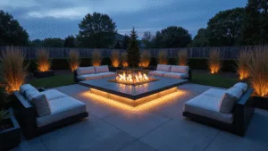 Modern Fire Pit Ideas: Transform Your Outdoor Space into a Stylish Retreat Cinematic twilight scene of a luxurious backyard with a minimalist rectangular concrete fire pit, illuminated by warm LED lighting, surrounded by charcoal gray modular sofas and architectural grasses, captured in high-resolution detail during blue hour.