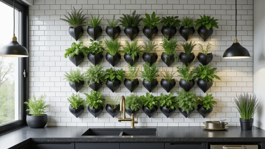 Herb Garden Walls: Your Ultimate Guide to Green, Gorgeous Living Spaces Photorealistic modern kitchen with a floor-to-ceiling herb wall in matte black planters, featuring vibrant basil, mint, rosemary, and thyme, stainless steel appliances, black granite countertops, and natural morning light.