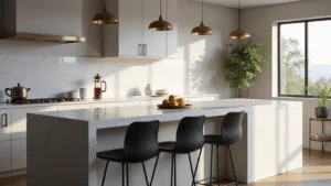 Breakfast Bar Ideas: Transform Your Kitchen into a Stylish Gathering Spot Photorealistic interior of a contemporary kitchen featuring a quartz waterfall breakfast bar, matte black metal bar stools, and minimalist brass pendant lights, illuminated by soft morning sunlight streaming through floor-to-ceiling windows.