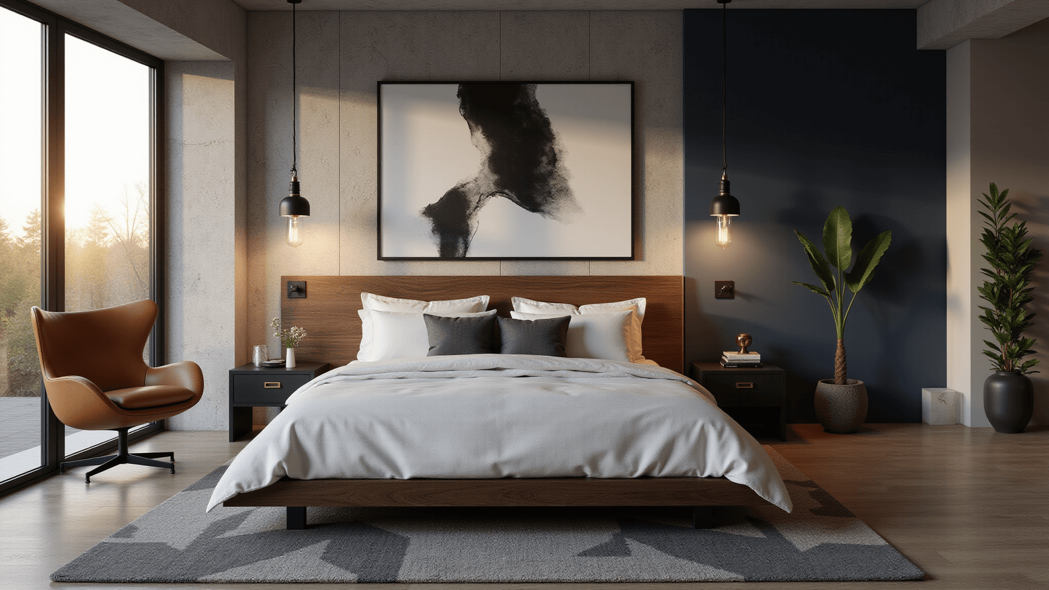 A modern bedroom featuring a dark walnut platform bed, warm golden hour sunlight, industrial pendant lights, a cognac leather Eames lounge chair, an abstract canvas, and a textured concrete wall, accented with a geometric wool rug and natural elements.