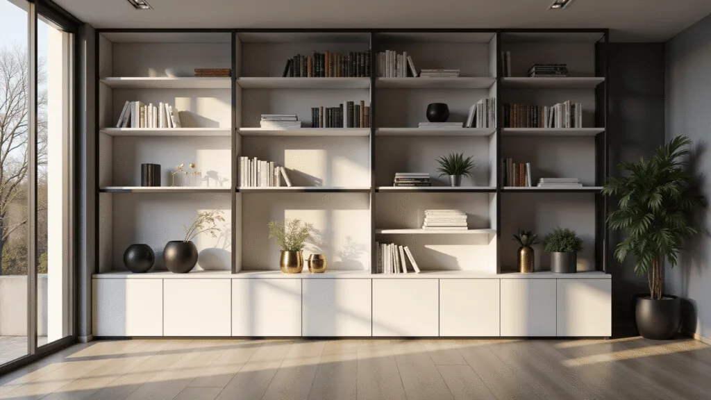 Transform Your Space: The Ultimate Guide to Creating Stunning Built-In Bookcases A photorealistic interior of a modern minimalist living room featuring a floor-to-ceiling built-in white bookcase with black metal frames, illuminated by golden hour sunlight, showcasing a mix of books and decorative objects against cool gray walls and white oak flooring.
