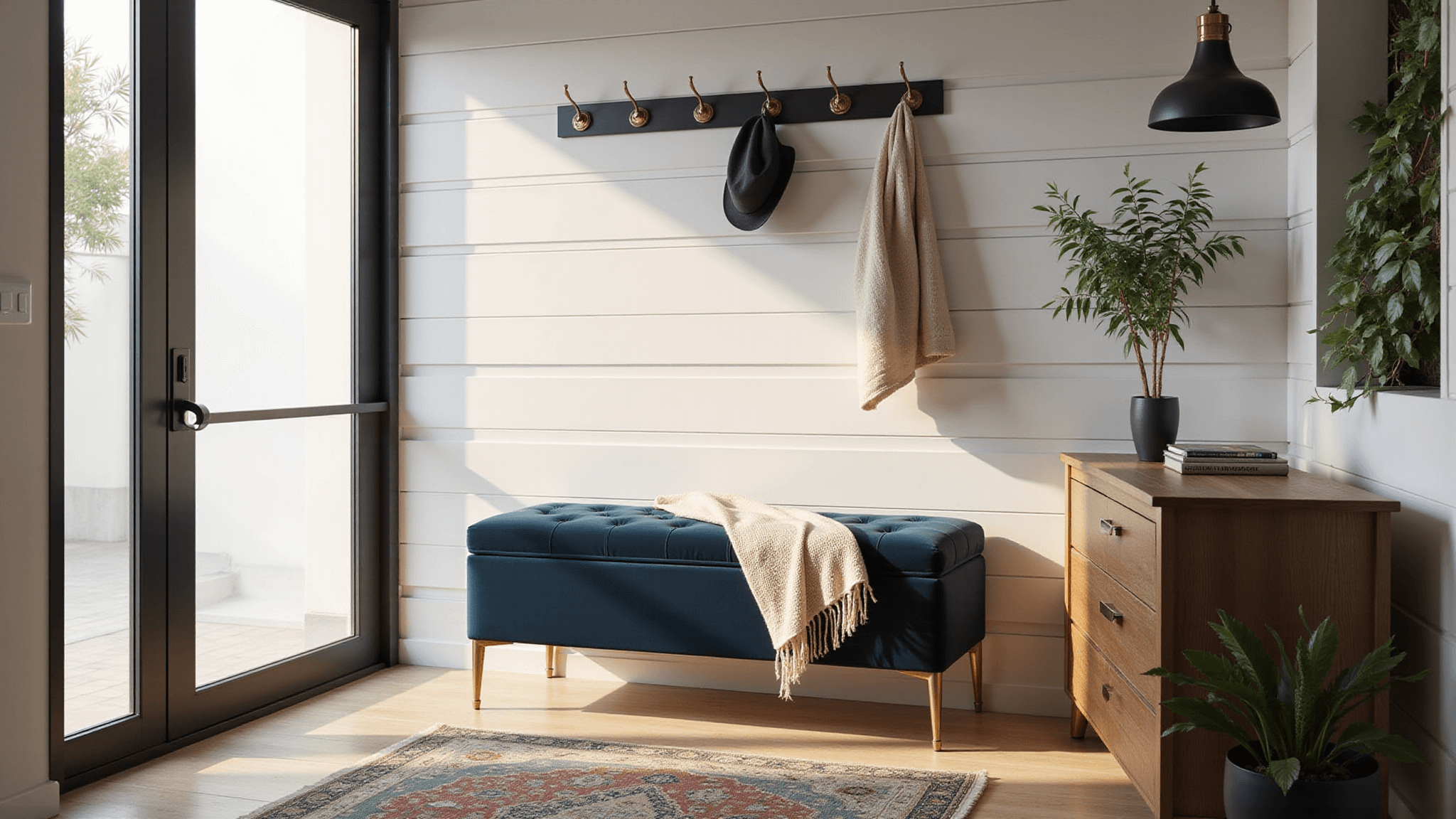 Photorealistic interior of a modern minimalist entryway featuring white shiplap walls, a navy velvet storage bench, a brass-framed mirror, and a vintage Persian runner, illuminated by morning sunlight through a frosted glass door, with a living wall of tropical plants.