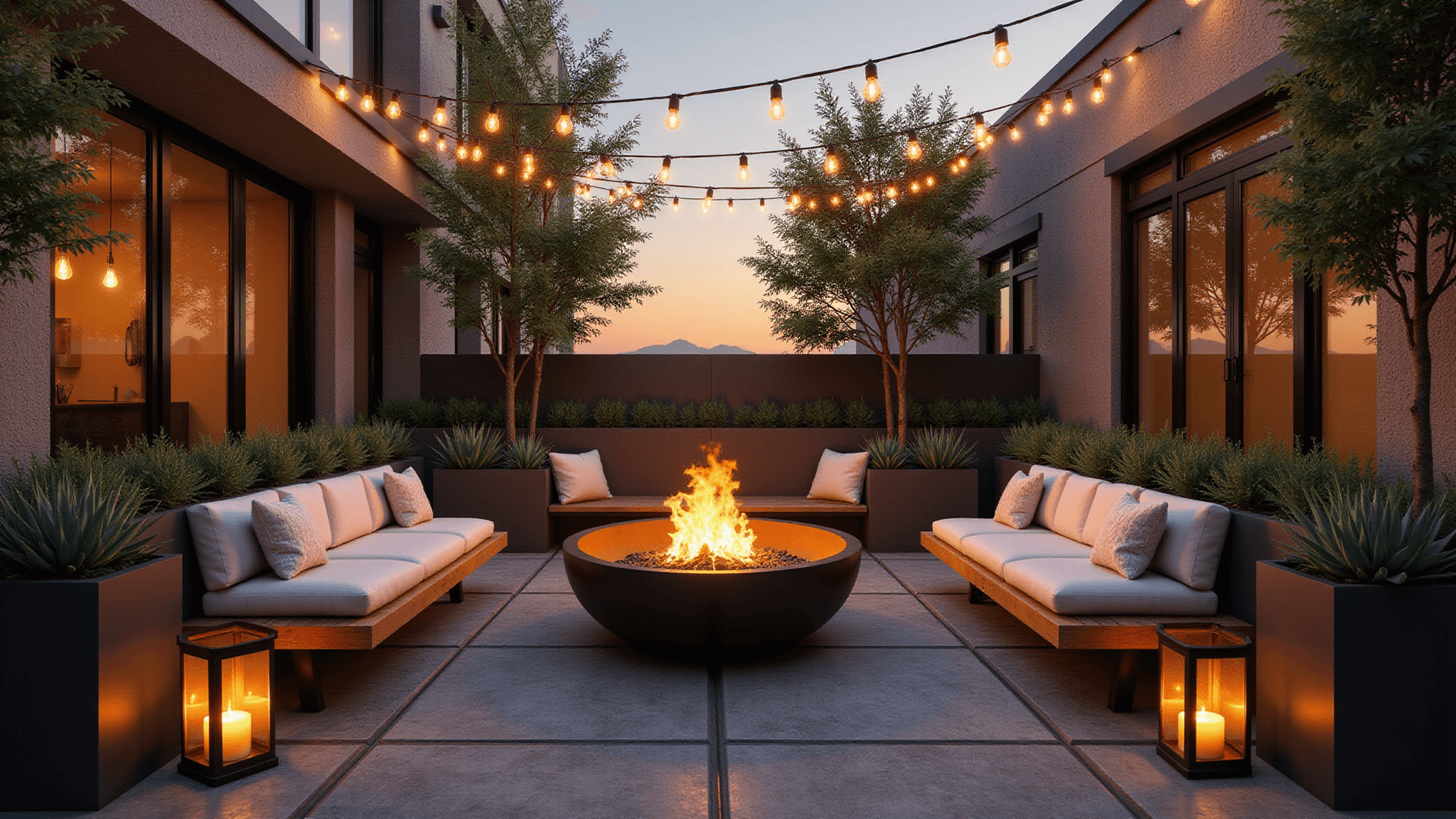 Cinematic wide-angle shot of a modern urban patio at sunset, featuring a sleek black steel fire bowl, low-profile acacia wood benches with cream cushions, and ambient lighting from Edison bulbs, surrounded by geometric concrete pavers and architectural sage green succulents in black planters.