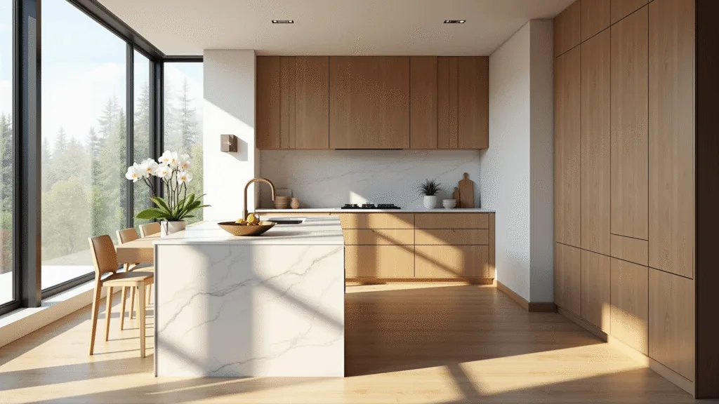 White Oak Kitchen Cabinets: Transform Your Kitchen with Timeless Elegance and Durability Photorealistic image of a sunlit modern kitchen featuring rift-cut white oak cabinets, a quartz waterfall island, and wide-plank flooring, styled with a white orchid and brass fruit bowl, emphasizing warm wood tones and natural light.