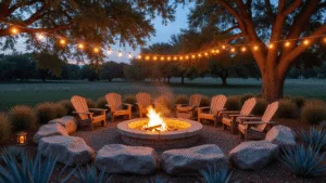 Natural Fire Pit Ideas: Transform Your Outdoor Space into a Cozy Retreat Hyperrealistic image of a circular natural stone fire pit at twilight, surrounded by weathered teak Adirondack chairs, with flames rising and warm LED lights overhead, framed by ornamental grasses and oak trees.