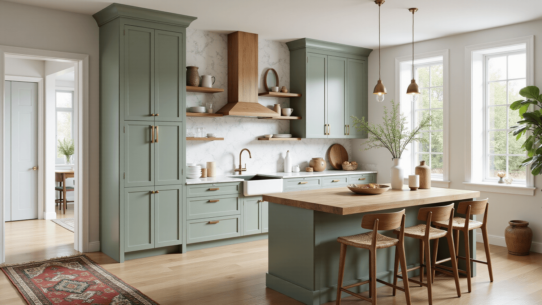 Photorealistic interior of a sage green modern kitchen with marble countertops, brass fixtures, and white oak elements, illuminated by natural light.