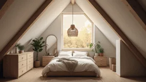 Attic Bedroom Ideas: Transform Your Awkward Space into a Dreamy Retreat A serene Scandinavian attic bedroom bathed in warm golden hour light, featuring sloped white ceilings, exposed oak beams, a minimalist queen bed with cloud-white linen, vintage brass mirror, sculptural rattan pendant light, and lush monstera plants, all atop light oak floors and a woven jute rug.