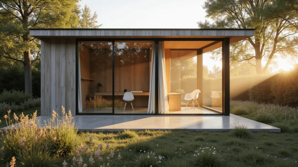 Gardens with a Summer House: Your Ultimate Retreat Guide A modern Scandinavian summer house with floor-to-ceiling windows and weathered cedar cladding, set in a lush garden during golden hour, featuring wildflowers and ornamental grasses, with minimal indoor furnishings visible through the glass. The scene is bathed in warm golden light and atmospheric mist, showcasing a harmonious connection between indoor and outdoor spaces.