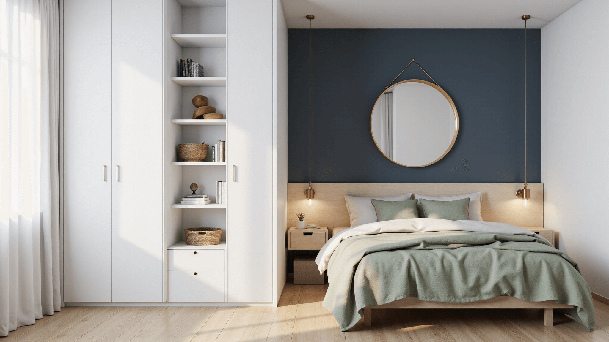A bright Scandinavian bedroom featuring a modern white Murphy bed, light oak nightstands, and a navy accent wall with a gold mirror, bathed in soft morning light.