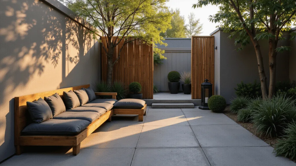 Cinematic photograph of a serene Japandi patio during golden hour, featuring a weathered teak L-shaped bench with charcoal linen cushions, natural stone flooring, bamboo privacy screens, a Japanese maple tree casting shadows, minimalist lanterns, and lush greenery, captured in 8K resolution.