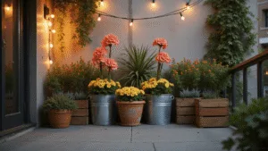 A warm sunset bathes an urban balcony garden in golden light, featuring vibrant coral snapdragons in terracotta planters, butter-yellow penny violas, cascading ivy, and glowing copper string lights, all set against a textured concrete wall.