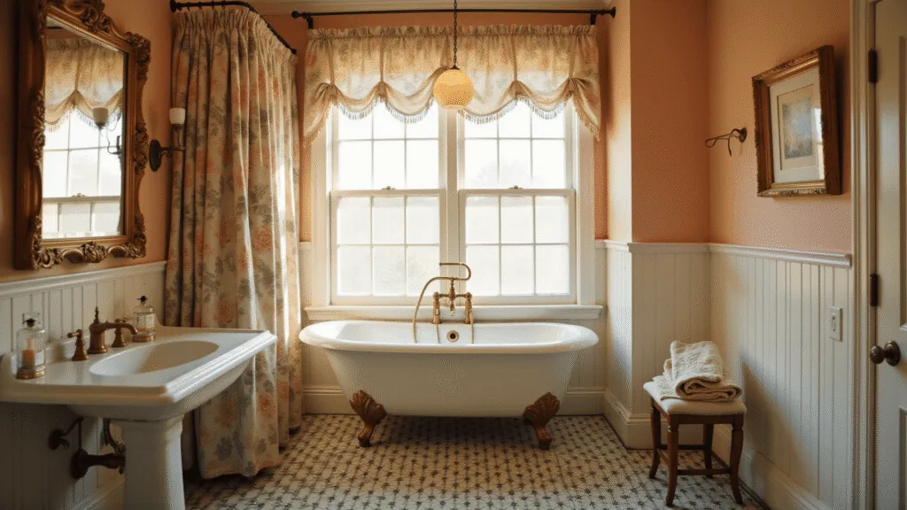 Granny Chic Bathroom: Your Ultimate Vintage Revival Guide A sun-drenched vintage bathroom featuring peach walls, white beadboard wainscoting, and an antique clawfoot tub with brass fixtures, accented by a floral shower curtain and illuminated by golden hour light through a frosted window.