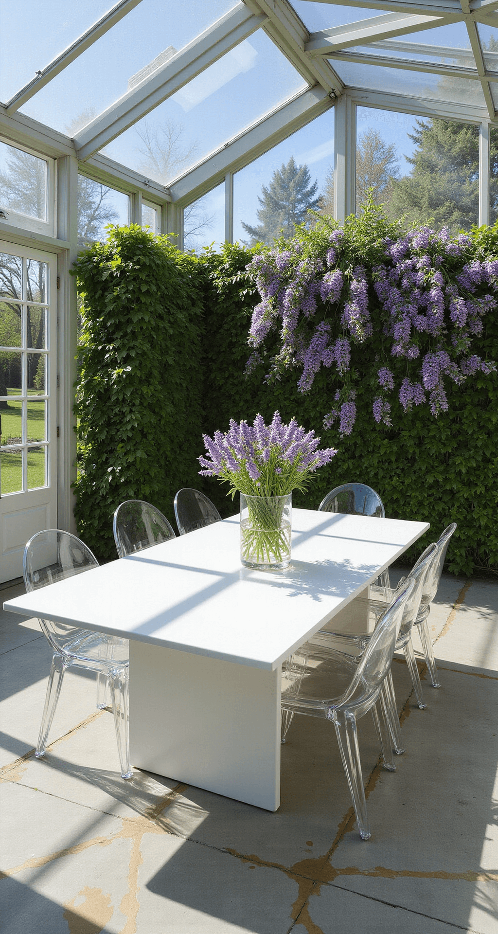 A high angle view of a contemporary greenhouse dining space featuring a white dining table with clear ghost chairs, adorned with purple wildflowers in a glass vase, against a backdrop of a living wall of purple-flowering vines and a polished concrete floor with brass inlays, illuminated by bright midday light.
