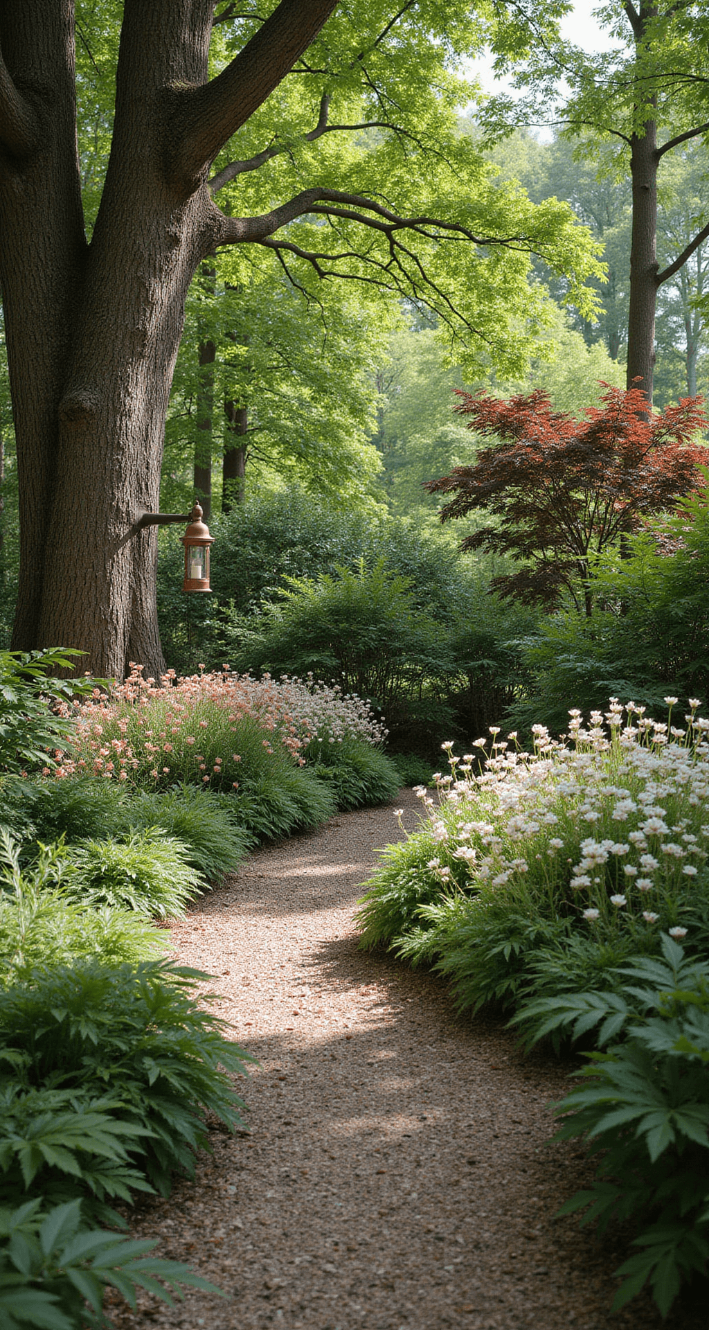 An intimate garden room surrounded by ancient beech trees, featuring dappled afternoon light on white-flowering astilbe and coral bleeding hearts, with a copper garden lantern as a focal point, mixed ferns creating layered textures, and a winding natural wood chip path, all in earth tones with accents of coral and cream.