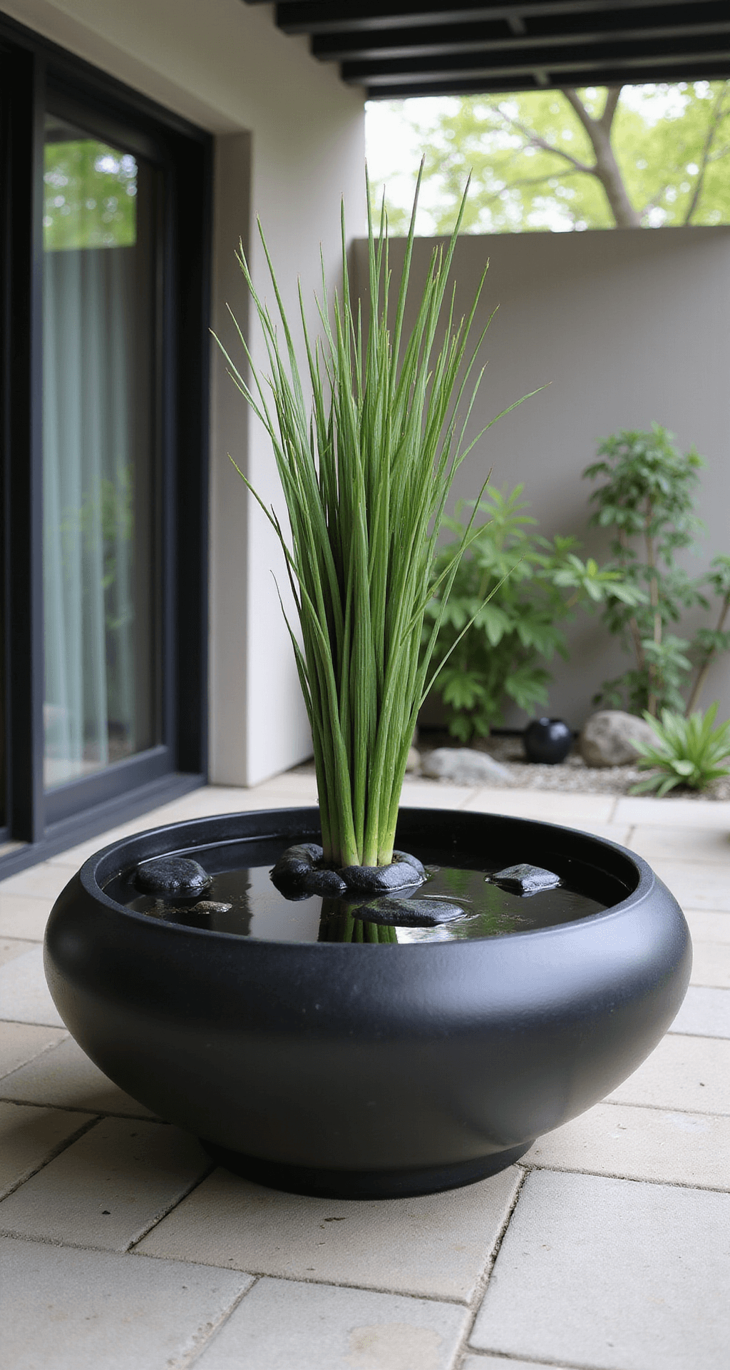 A close-up of a sleek 4ft circular black ceramic vessel in a zen courtyard, featuring still water reflecting geometric shadows, a single dwarf papyrus at the center, and smooth black river stones on light limestone pavers, all in a minimalist, monochromatic palette of charcoals and greys with a green accent.