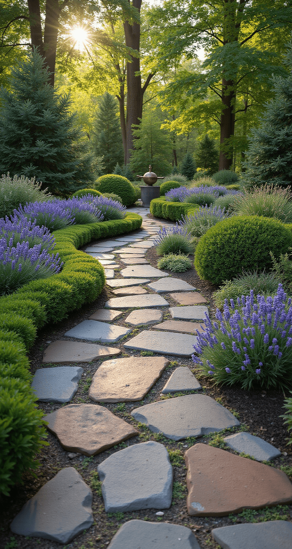 A winding flagstone pathway through a lush English garden at golden hour, featuring irregular gray and rust-colored stones, spilling lavender and catmint, mature boxwoods, dappled sunlight from overhead maple trees, and a weathered copper sundial in focus, with textured stones and soft bokeh background.