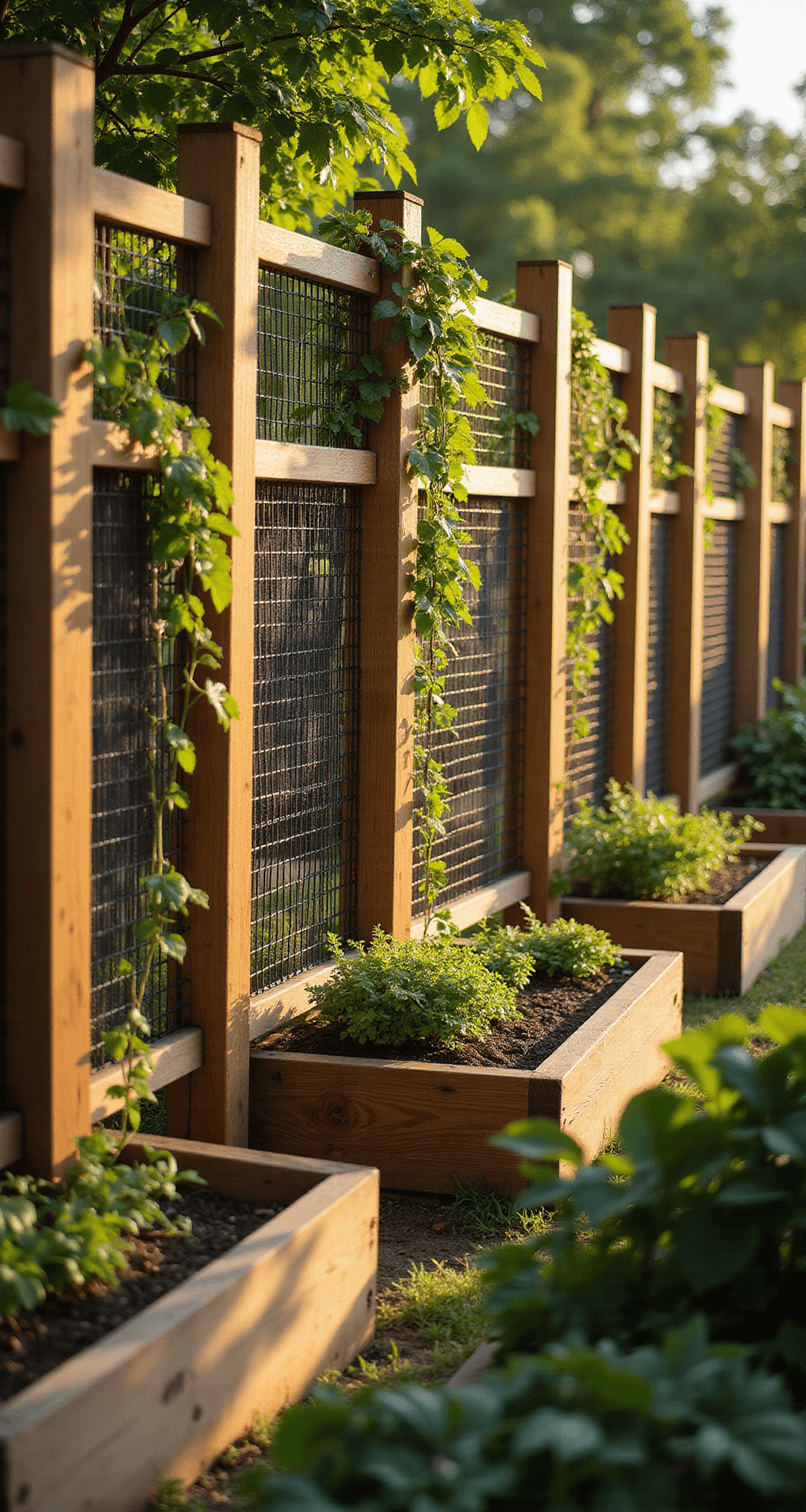 A modern wood and wire garden fence with cedar posts and black wire mesh panels, highlighted by golden hour light, surrounds raised garden beds filled with thriving vegetables, with delicate jasmine vines climbing the fence, captured in a soft focus to emphasize texture and color contrast.
