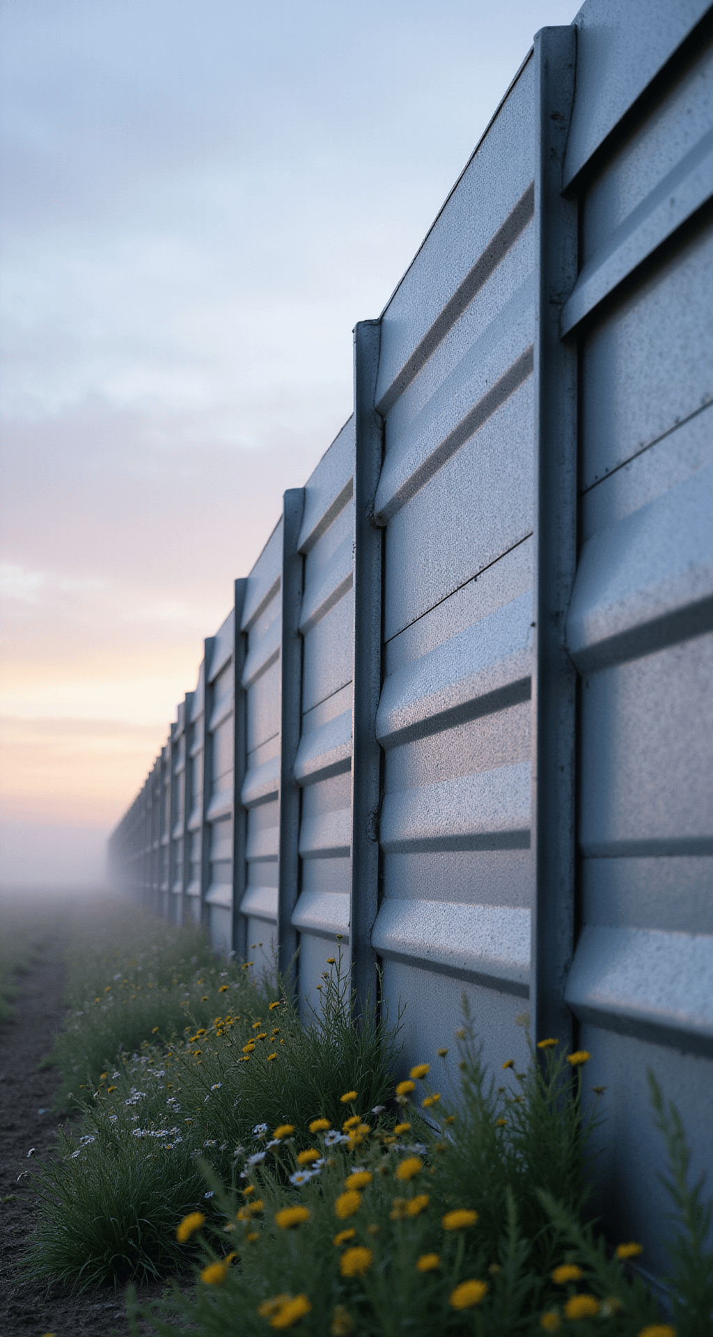 A low-angle shot captures industrial-style cattle panel fencing at dawn, showcasing 16-foot panels in geometric patterns against a pastel sky. Dew drops shimmer on the galvanized metal surface, framed by native grasses and wildflowers. The soft, diffused lighting enhances the raw steel texture, with a cool color palette of grays and blues, accented by vibrant wildflower hues.