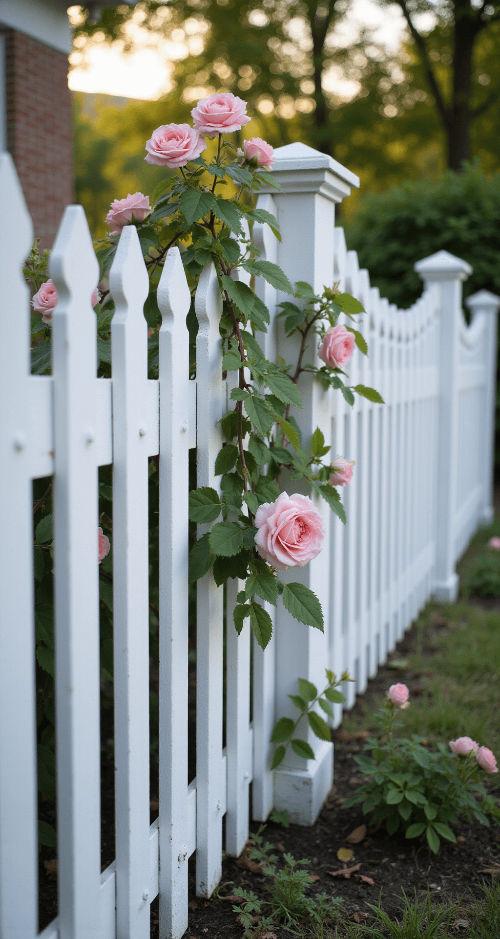 A classic white picket fence with a scalloped top and Victorian-style pointed pickets, adorned with pink climbing roses and set against a backdrop of blurred cottage garden perennials, captured in warm late afternoon light.