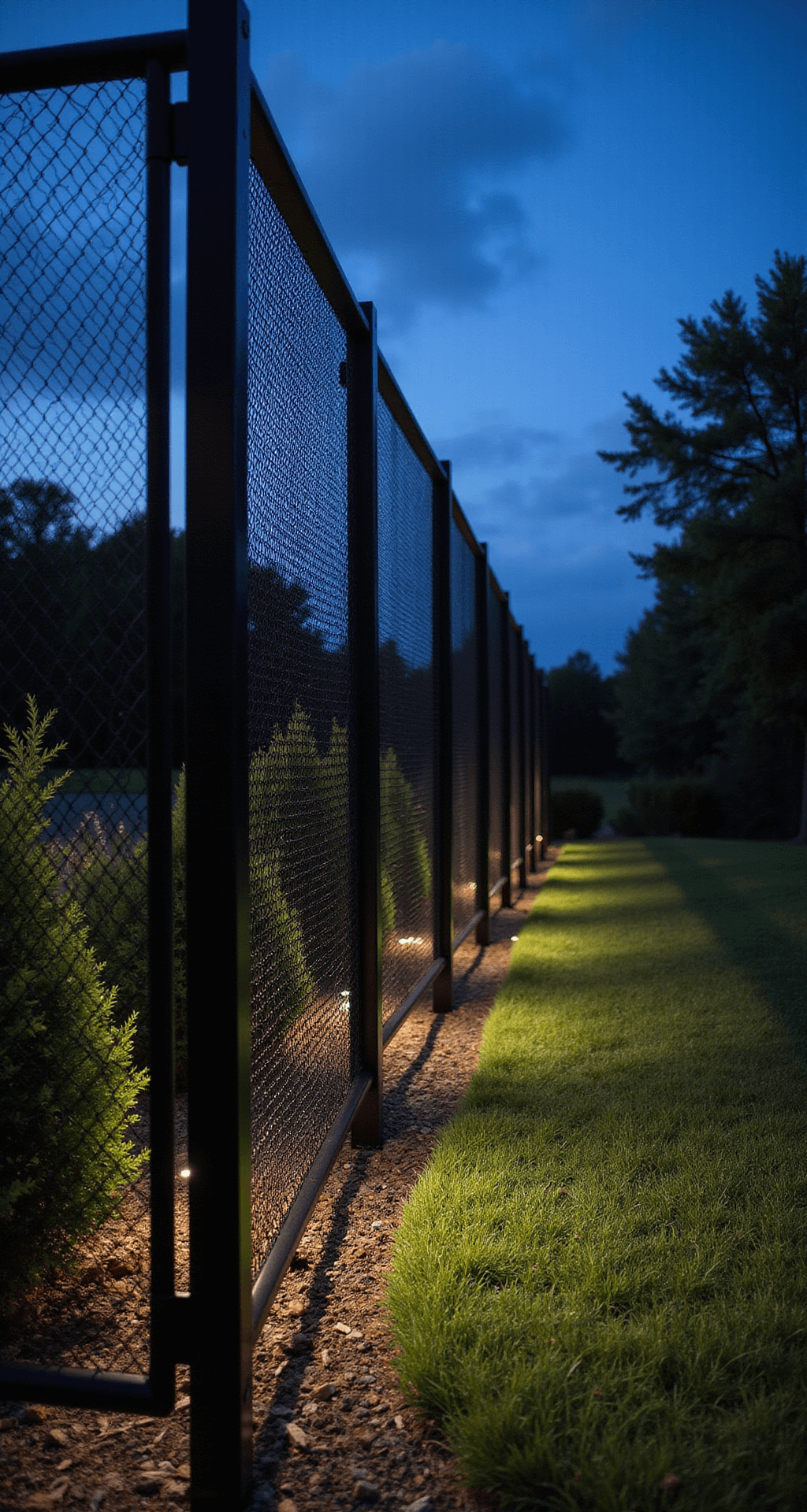 Dramatic dusk shot showcasing an 8-foot deer fence with black aluminum posts and nearly invisible mesh, illuminated by strategic uplighting. The full height of the fence is captured, with native plantings softening the base and subtle deer deterrent features visible. The materials emphasize sleek modern lines against a color palette of deep charcoal, nighttime blues, and green foliage.