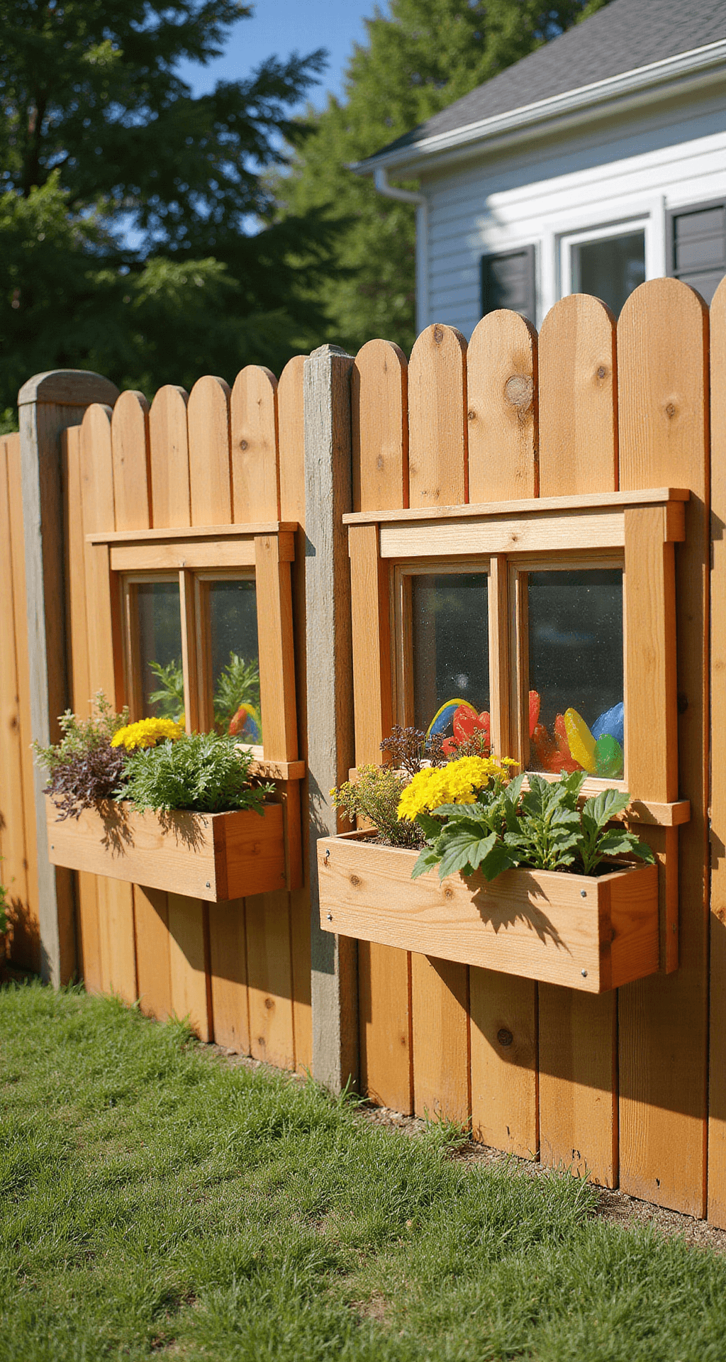 A vibrant child-friendly garden fence made of cedar, featuring rounded tops and integrated play elements, photographed at child's eye level. The fence includes built-in window boxes overflowing with kid-safe plants and transparent panels displaying rainbow colors, all designed with smooth, safe surfaces and a cheerful natural wood tone palette accented with playful colors, captured in bright midday sun with a deep depth of field.