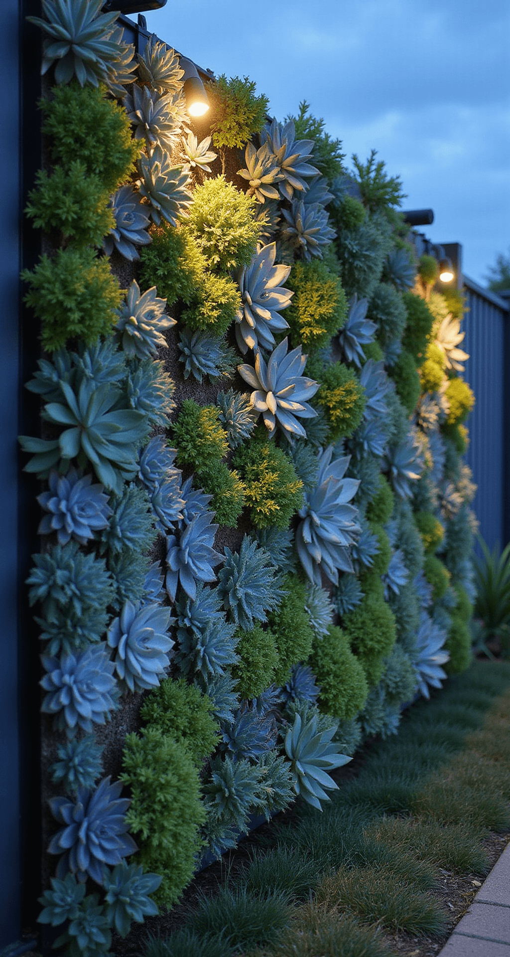 A vertical succulent wall fence featuring diverse species is illuminated during blue hour, showcasing rich textures and organic materials, with dramatic side-lighting enhancing the blues, greens, and silvers of the foliage. A macro lens captures intricate details within the vibrant tapestry.