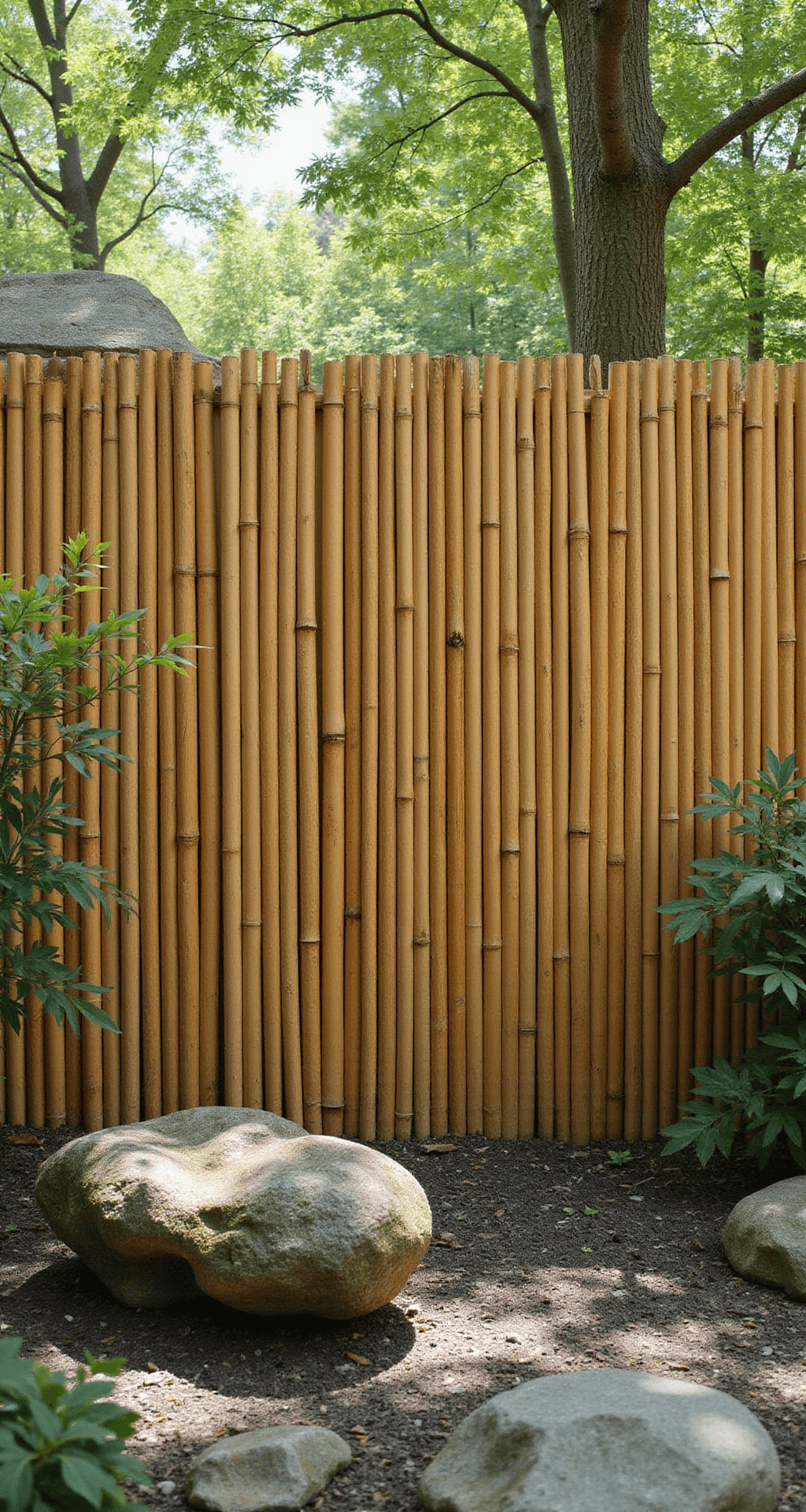 A DIY bamboo fence stands 5 feet tall, crafted from natural bamboo poles of varying diameters, captured in diffused afternoon light. The camera is positioned at a slight upward angle, showcasing a zen garden with elements in the foreground. Light filters through the bamboo, creating organic patterns, while the warm bamboo tones, stone grays, and moss greens highlight the natural textures of the materials, emphasizing their detail.